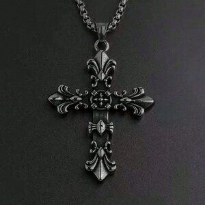 28" Mens Black Platinum Silver Chain Link Cross Necklace Guys Christian Jewelry